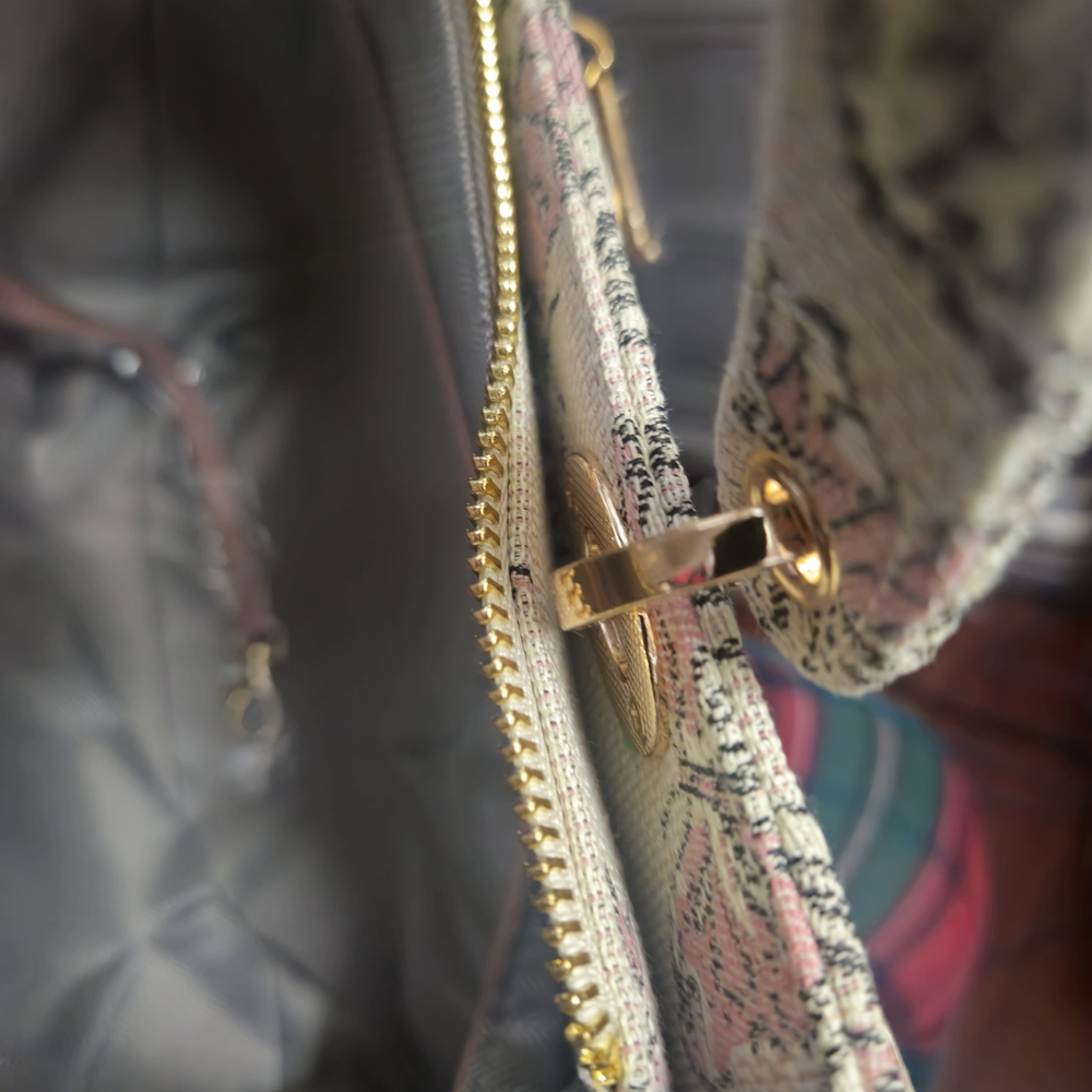 Floral Pink Accent Tote Bag with Gold Hardware - Picture 7 of 11